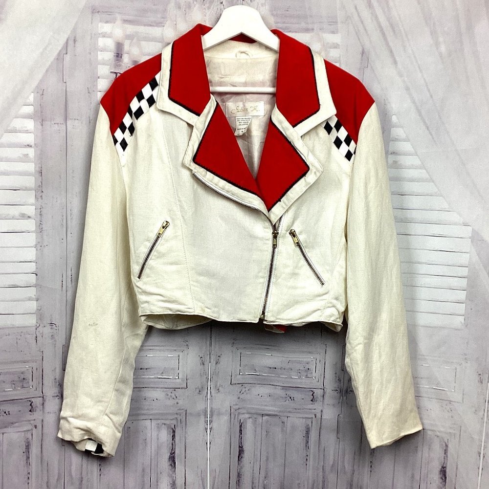 Vintage Julian K White Linen & Red Moto Jacket S